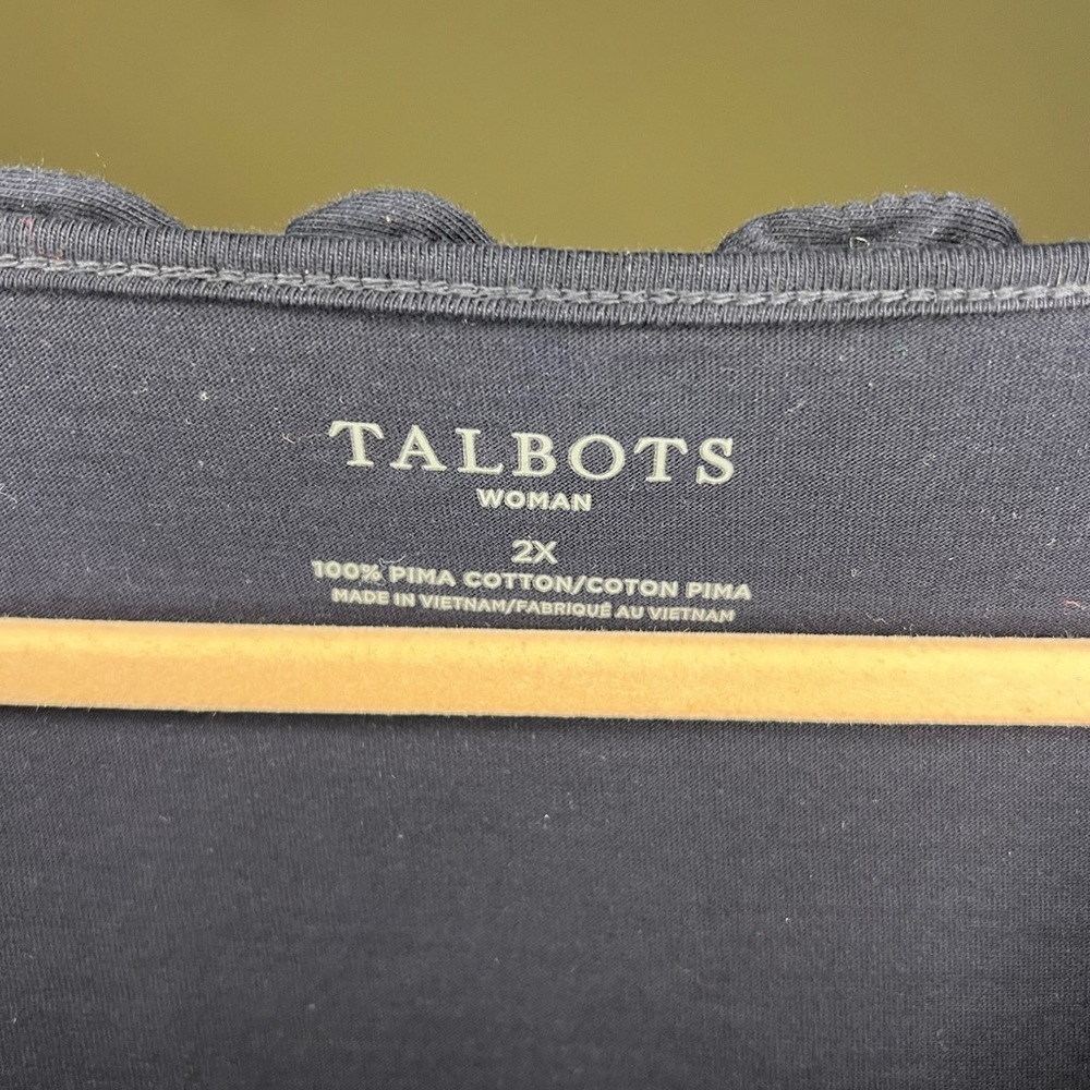 Talbots 2X Blue Stretch Weekend Ruffle Neck Short Sleeve - Picture 4 of 5